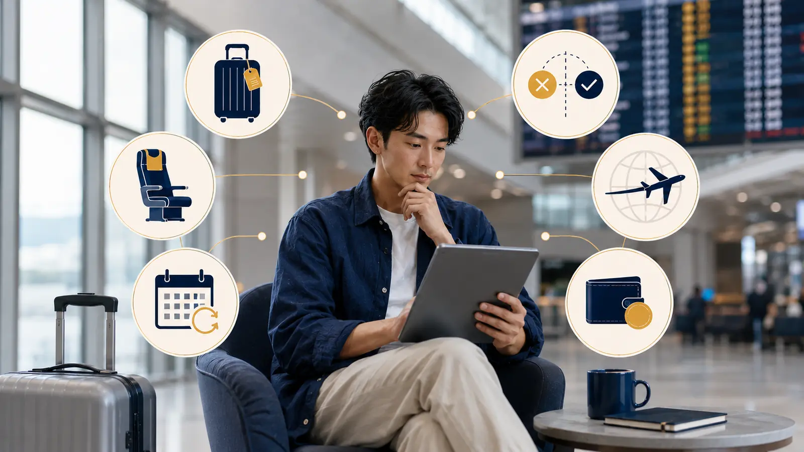 Traveller comparing flight fare options at an airport