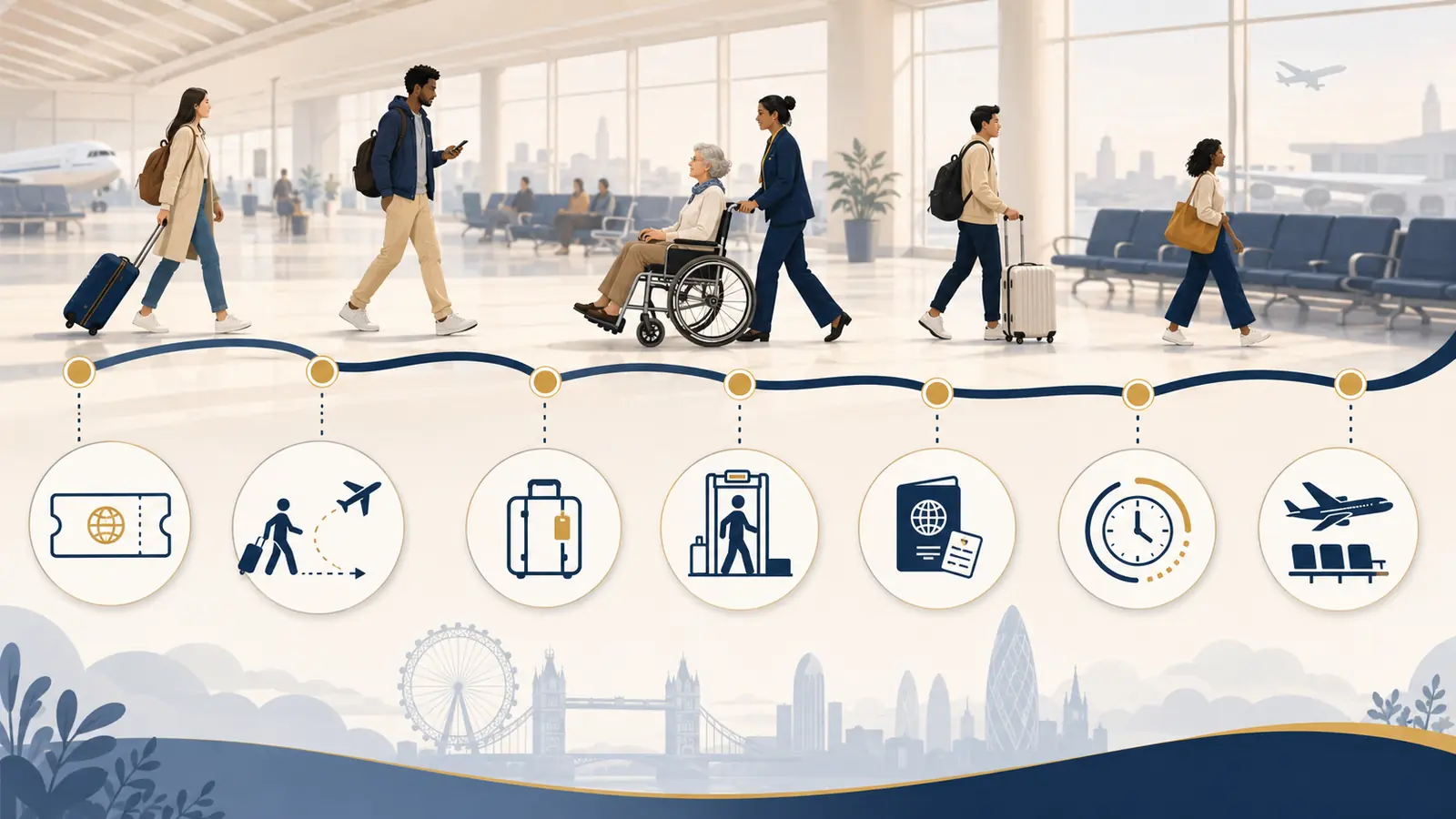 Travellers navigating an airport connection, including a passenger receiving wheelchair assistance