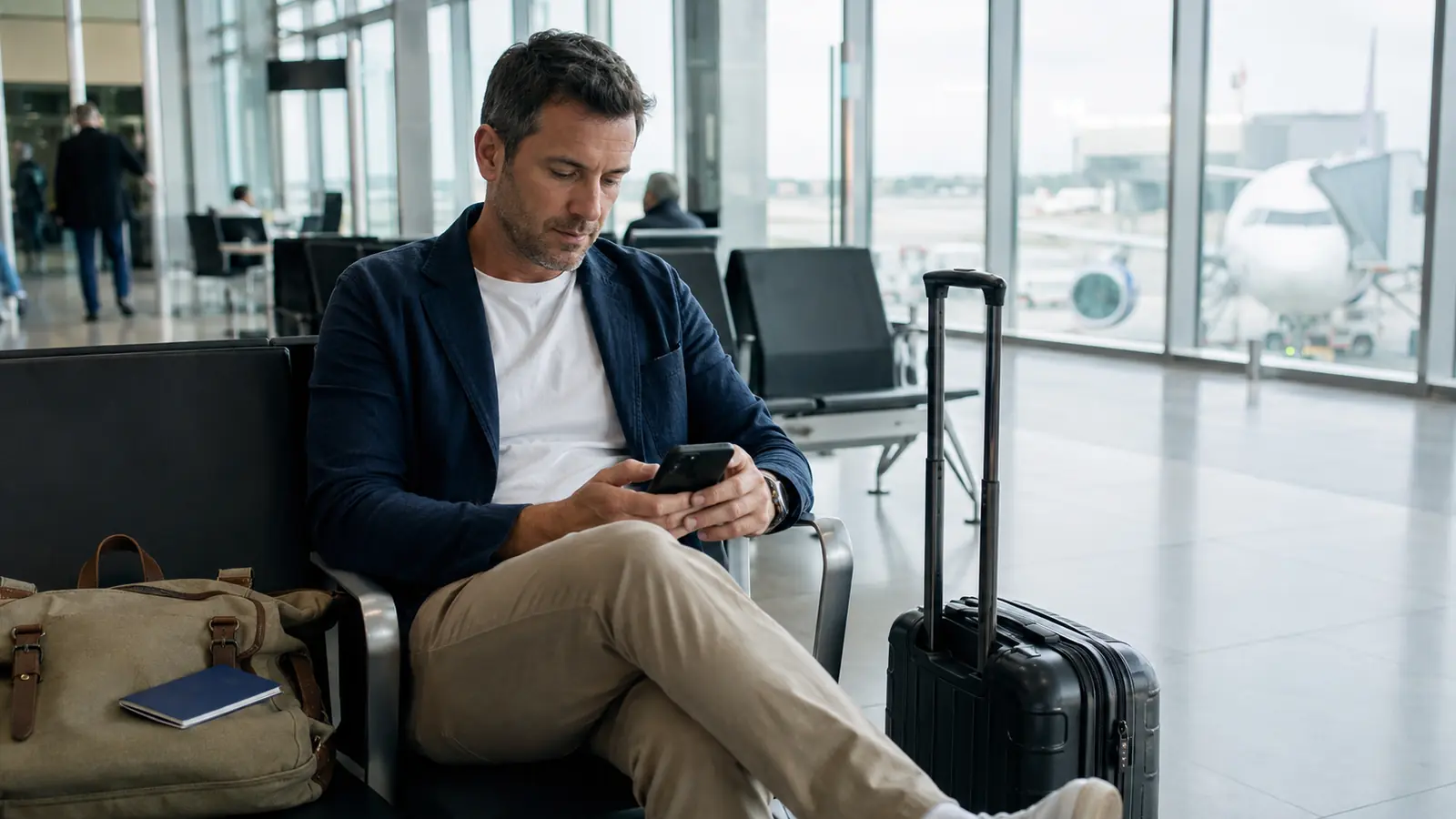 Traveller completing online flight check-in on a smartphone at an airport