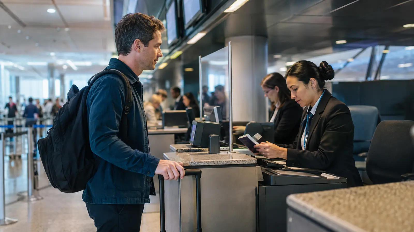 Airport agent verifying a traveller's passport and boarding documents at check-in