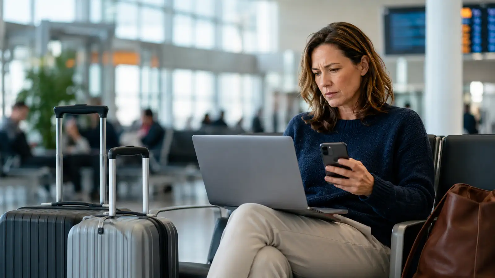 Traveller reviewing changed flight options at an airport
