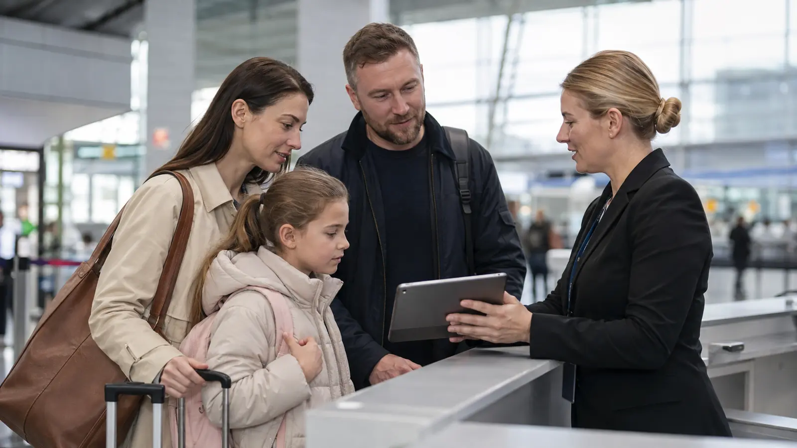 Family reviewing flight seating arrangements with an airport agent