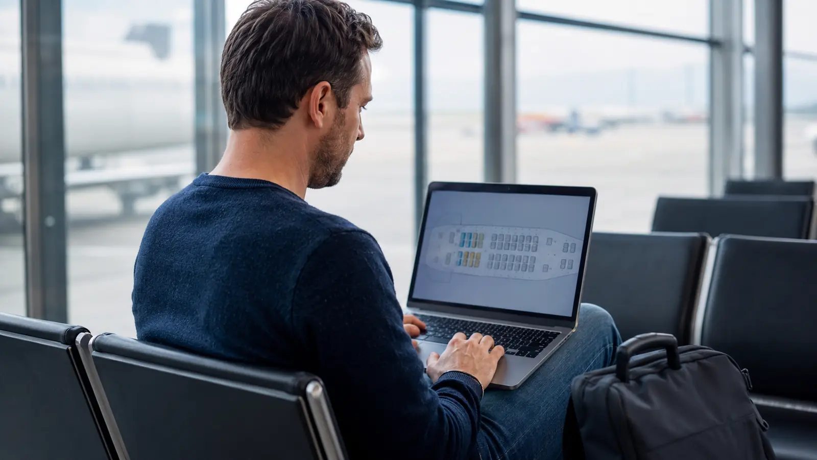 Traveller reviewing aircraft seat options on a laptop